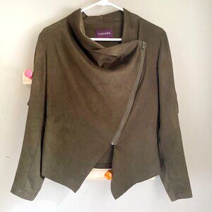 Vigoss Faux Suede Waterfall Zip Moto Jacket in Olive Green